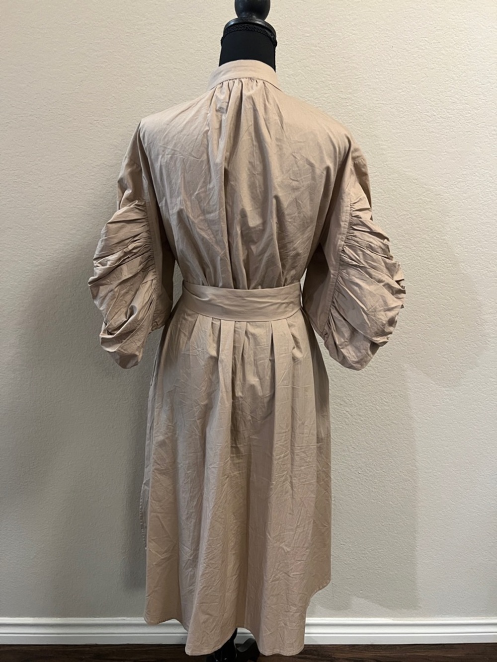 Gracia Beige Shirt Dress Ruched Sleeve Belted Mini/Midi Cotton Sz S - Picture 3 of 6